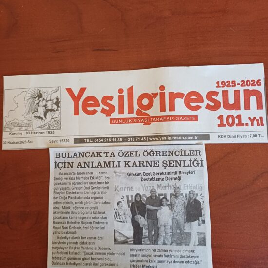 Yeşilgiresun gazetesinde Bulancak'ta özel öğrenciler için anlamlı karne şenliği haberi